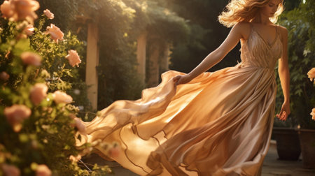 Beautiful young woman in a long golden dress in a summer gardenの素材