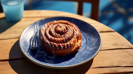 Cinnamon roll on a blue plate on a wooden table in a cafeの素材