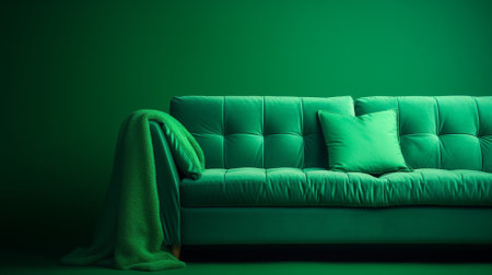 Green sofa with a green blanket and pillows on a green backgroundの素材