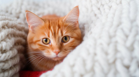 Cute ginger cat lying on warm knitted plaid, closeupの素材