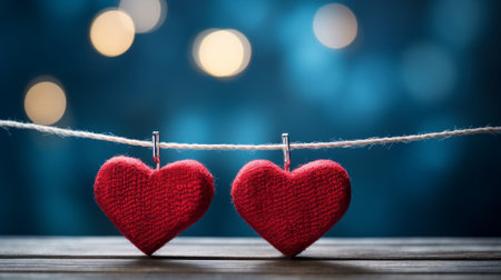 Two red hearts hanging on a clothesline against bokeh backgroundの素材