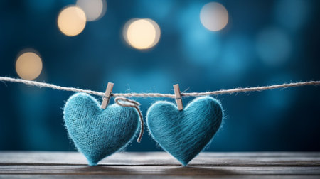 Two blue knitted hearts hanging on a rope against bokeh backgroundの素材