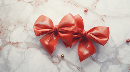 Red gift bow on white marble background, top view, copy spaceの素材