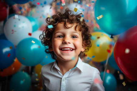 Cute little boy with balloons, birthday party having funsの素材