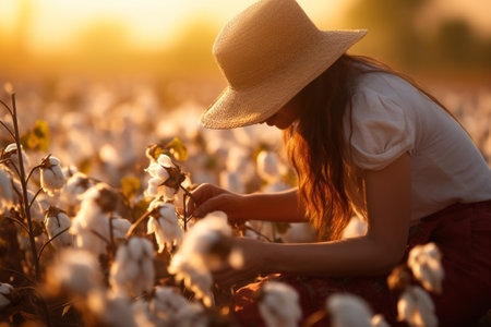 Woman collecting cotton, farmer plantation field at sunsetsの素材