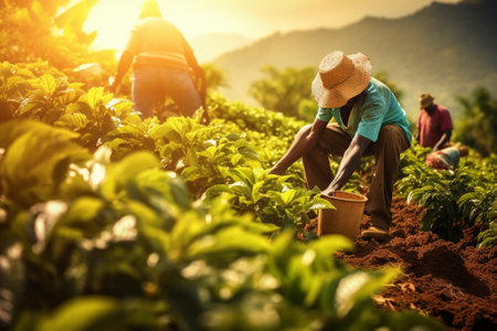 Man workers collecting holding coffee beans harvesting fresh soft coloursの素材