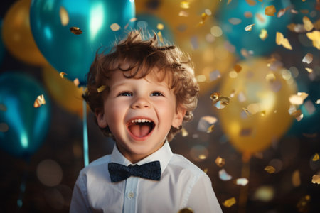Cute little boy with balloons, birthday party having funsの素材