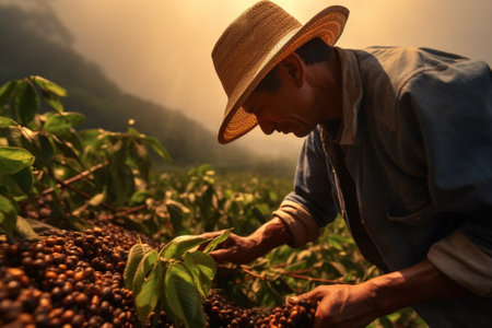 Man worker collecting holding coffee beans harvesting fresh softの素材