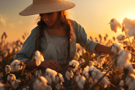 Woman collecting cotton, farmer plantation field at sunsetsの素材
