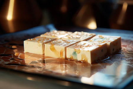 Tofu cheese with honey on a vintage platesの素材