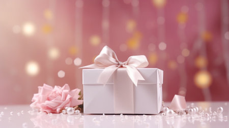 Gift box with pink ribbon and rose on bokeh backgroundの素材
