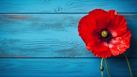 Red poppies on blue wooden background. Free space for text.の素材