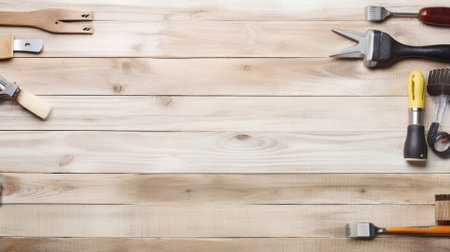 Top view of carpentry tools on wooden background with copy space.の素材