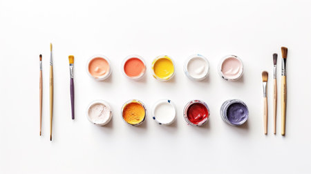 Paintbrushes and paints on a white background, top viewの素材