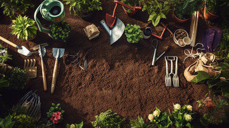 Gardening tools on soil background, top view. Gardening conceptの素材