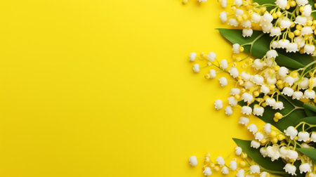 Beautiful lily of the valley flowers on yellow background, flat layの素材