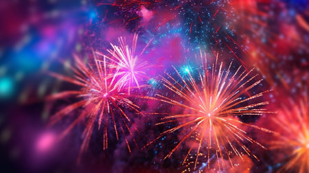 Colorful fireworks of various colors over night sky. Abstract background.の素材