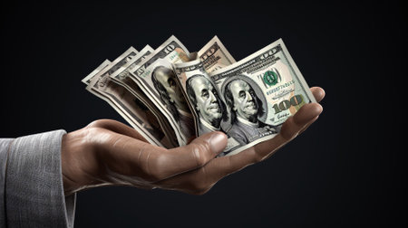 Close up of human hand holding dollars banknotes on dark background.の素材