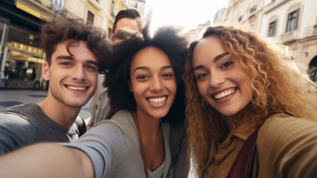 multiethnic group of friends taking selfie with smartphone and smiling at cameraの素材