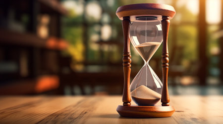 Hourglass on wooden table in coffee shop. Concept of time management.の素材