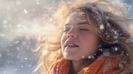 Portrait of a beautiful young woman with long curly hair in the winter parkの素材