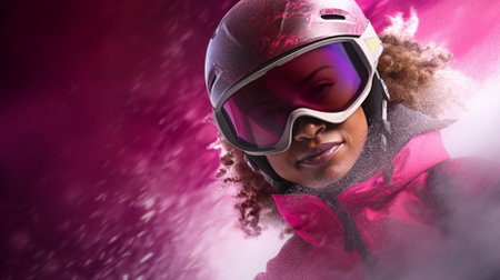 Portrait of smiling snowboarder against pink background with vignetteの素材