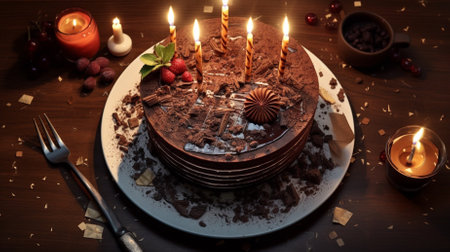 Chocolate cake with candles on a wooden table. Selective focus.の素材