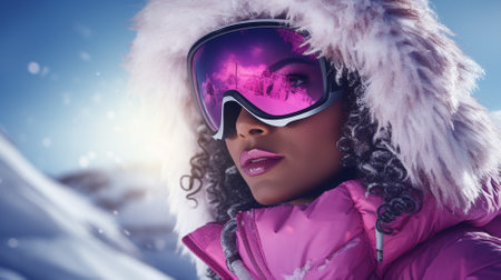 Portrait of a beautiful african american woman wearing winter sportswear and looking at cameraの素材