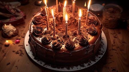 Chocolate cake with burning candles on wooden table. Toned.の素材