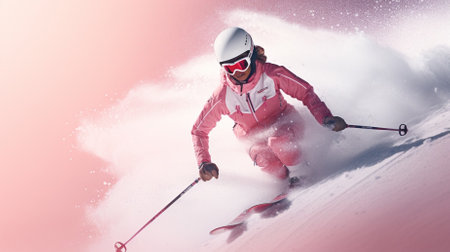 Female skier skiing downhill against pink and blue background with vignetteの素材