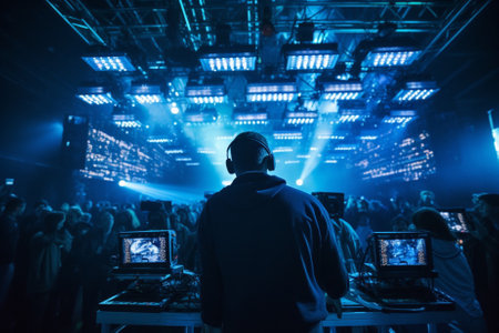 Back view of a man in headphones on a background of a live concert.の素材