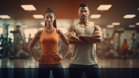 Portrait of a fit young couple standing with arms crossed at the gymの素材