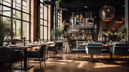 Interior of a modern cafe with tables and chairs. Toned imageの素材