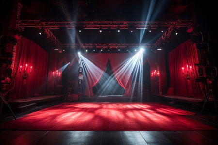 Theater stage with red curtains and spotlights in the dark.の素材