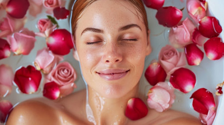 Beautiful young woman taking a bath with rose petals at home.の素材