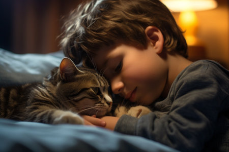 Little boy playing with a kitten friends togethersの素材