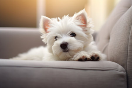 A white puppy on the couch, cute animal looksの素材