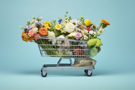 A shopping cart full with groceries on blue backgroundsの素材