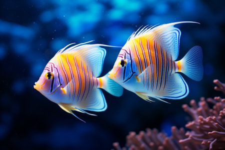 Angel fish swimming under water, two fish togethersの素材