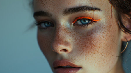 Close-up portrait of a beautiful girl with freckles.の素材