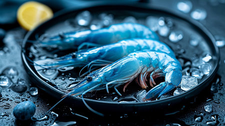 Fresh shrimps on a black background with ice and lemon.の素材