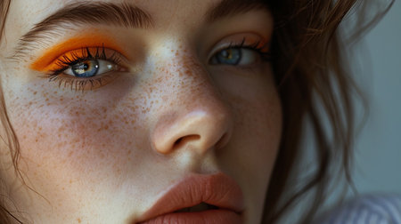 Close-up portrait of a beautiful girl with freckles on her faceの素材