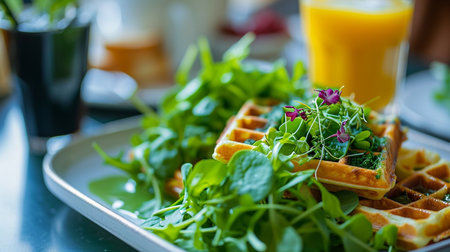 Waffles with microgreens and orange juice on the table.の素材