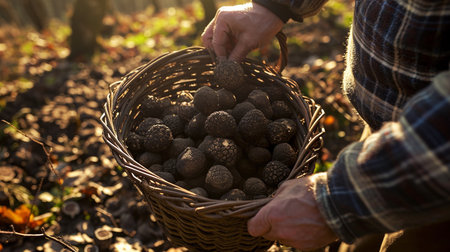 Man holding a basket full of black truffles in the autumn forestの素材