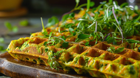 Savory omelet with spinach and arugula on a wooden boardの素材