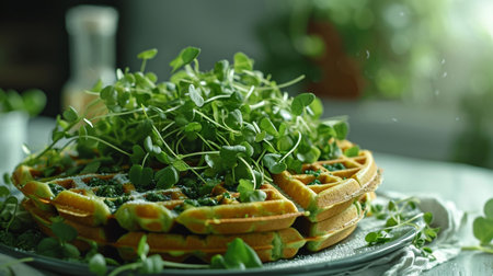 Waffles with spinach and microgreens on a wooden table.の素材