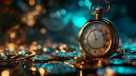 Vintage pocket watch on bokeh background. Time is money conceptの素材
