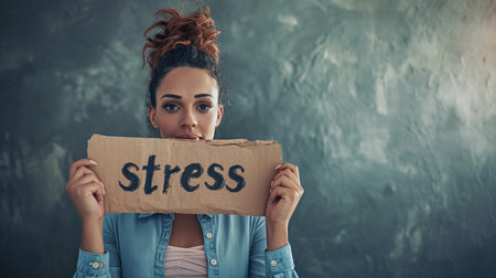 Attractive young woman is holding a sign with the word Stress.の素材