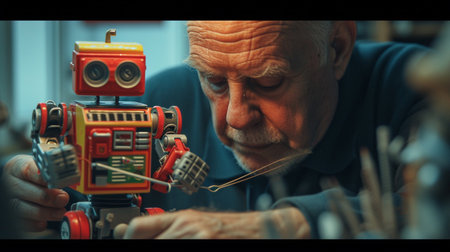 Old craftsman repairing a robot in his workshop. Selective focus.の素材