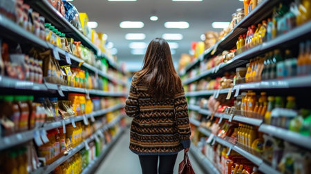 Rear view of a young woman shopping for food in a supermarketの素材